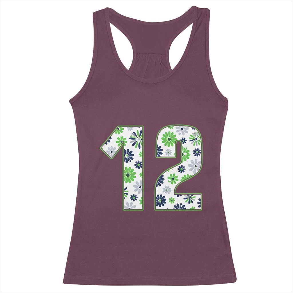 Floral Green Blue Game Day Racerback Tank Top Number 12 Sports Fan