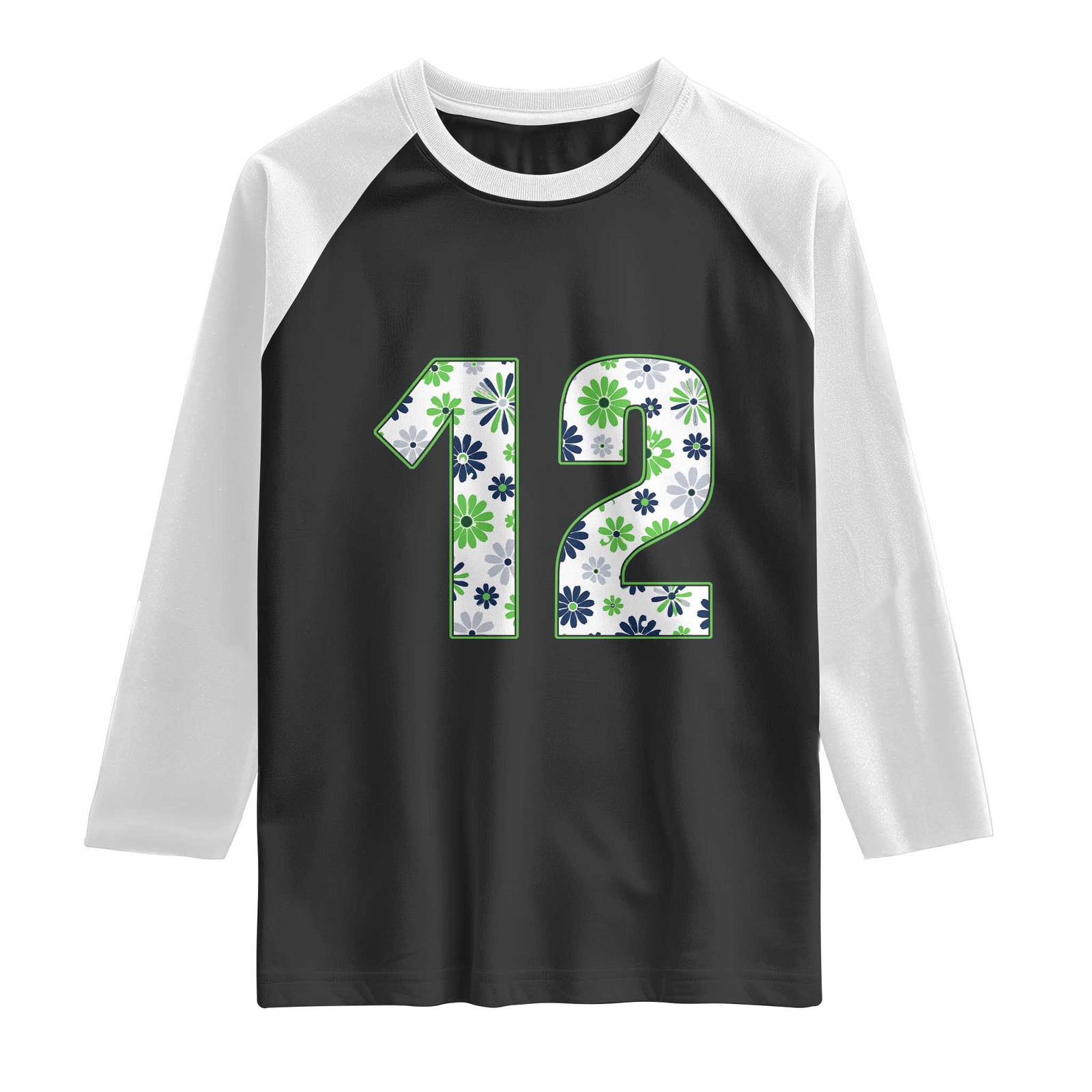 Floral Green Blue Game Day Raglan Shirt Number 12 Sports Fan TS12 Black White Print Your Wear