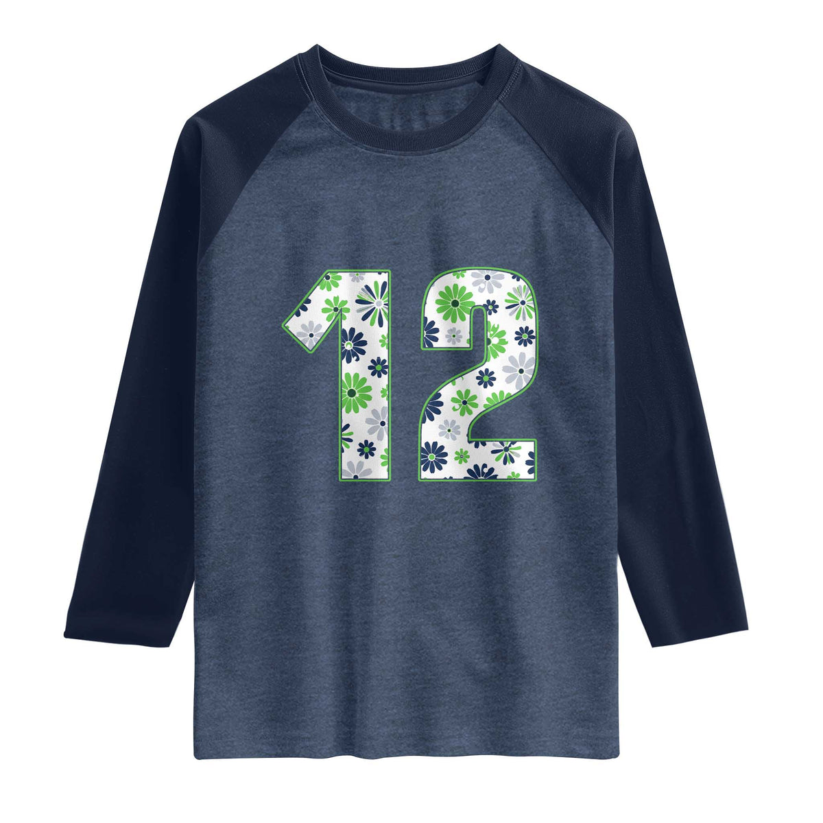 Floral Green Blue Game Day Raglan Shirt Number 12 Sports Fan