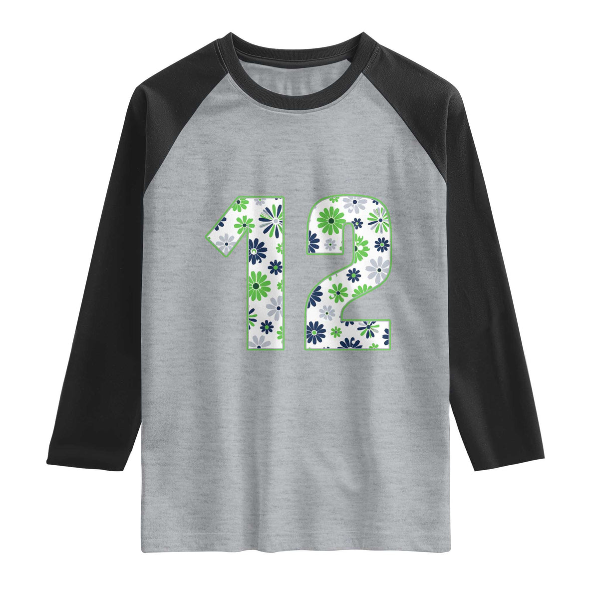 Floral Green Blue Game Day Raglan Shirt Number 12 Sports Fan