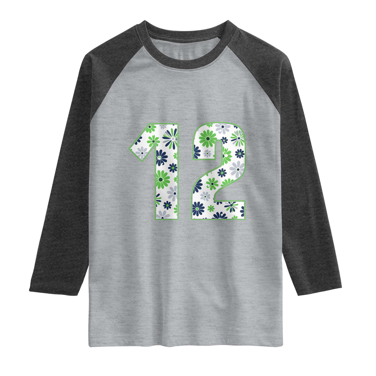 Floral Green Blue Game Day Raglan Shirt Number 12 Sports Fan