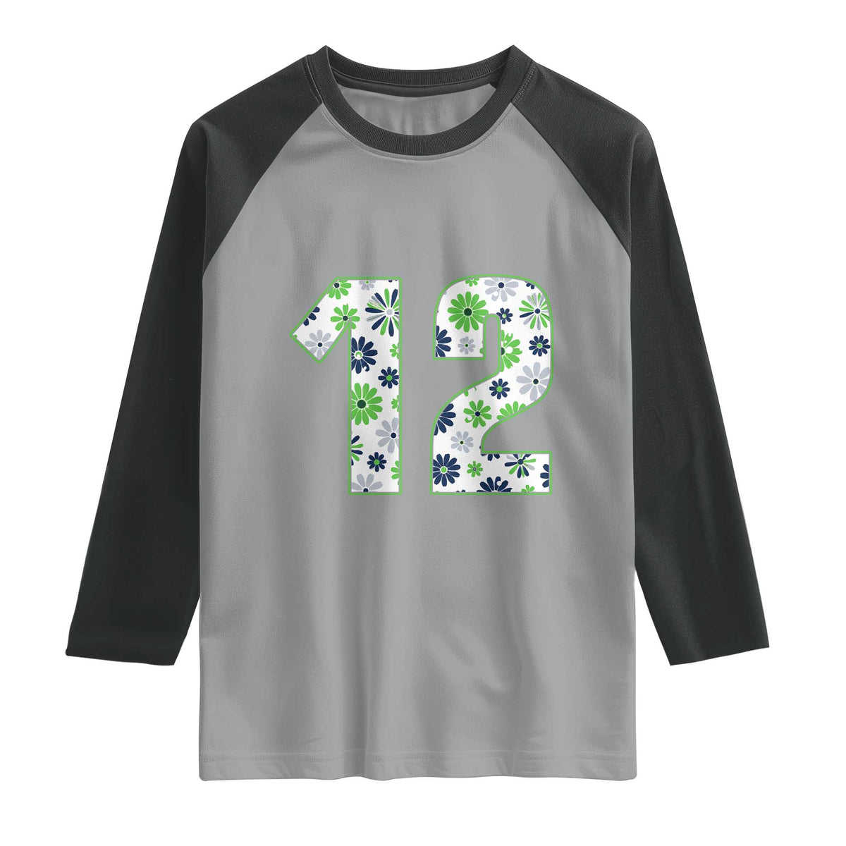 Floral Green Blue Game Day Raglan Shirt Number 12 Sports Fan