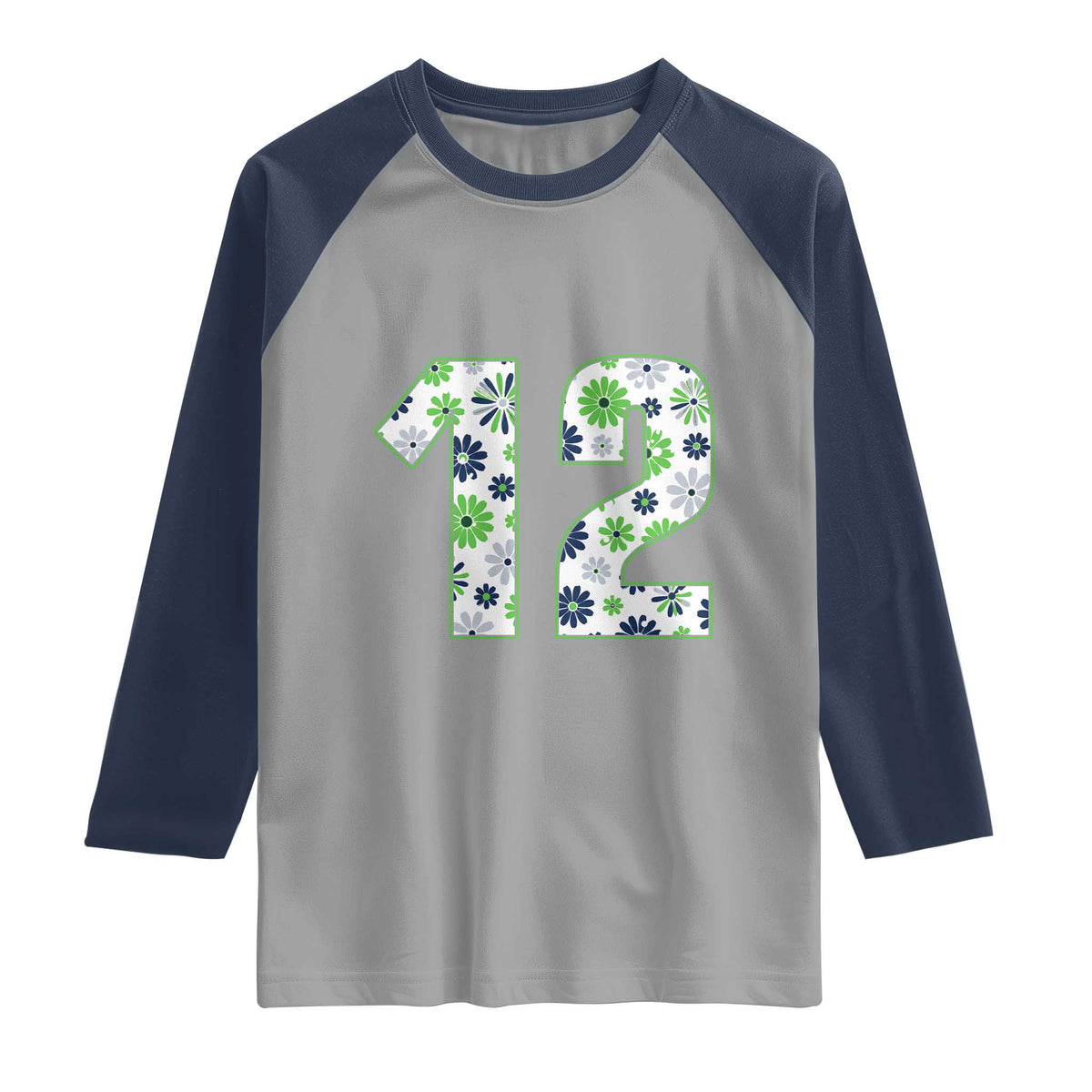 Floral Green Blue Game Day Raglan Shirt Number 12 Sports Fan