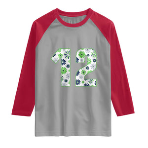 Floral Green Blue Game Day Raglan Shirt Number 12 Sports Fan