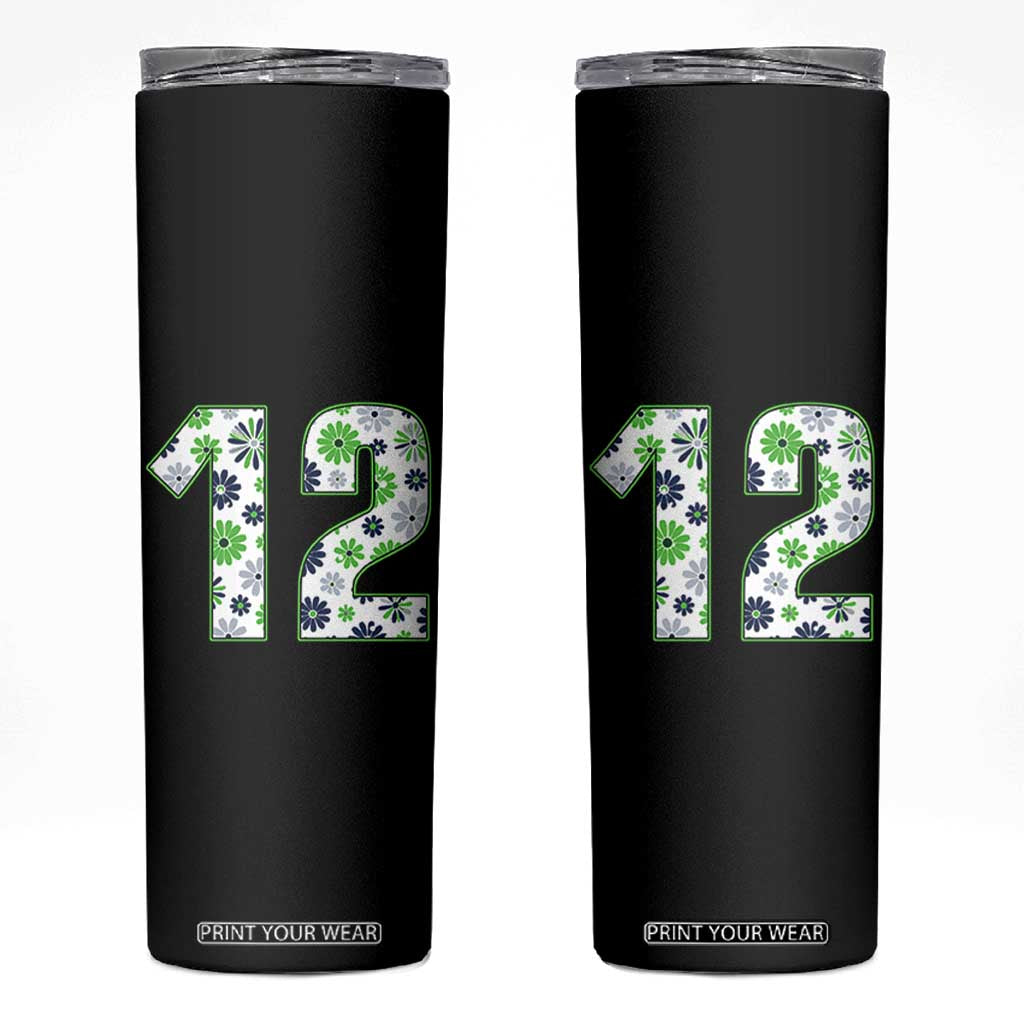 Floral Green Blue Game Day Skinny Tumbler Number 12 Sports Fan TS12 Black Print Your Wear
