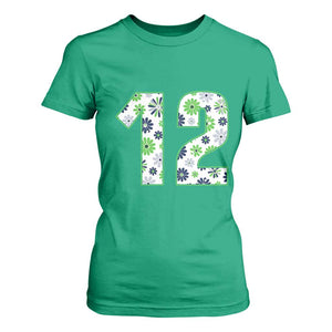 Floral Green Blue Game Day T Shirt For Women Number 12 Sports Fan