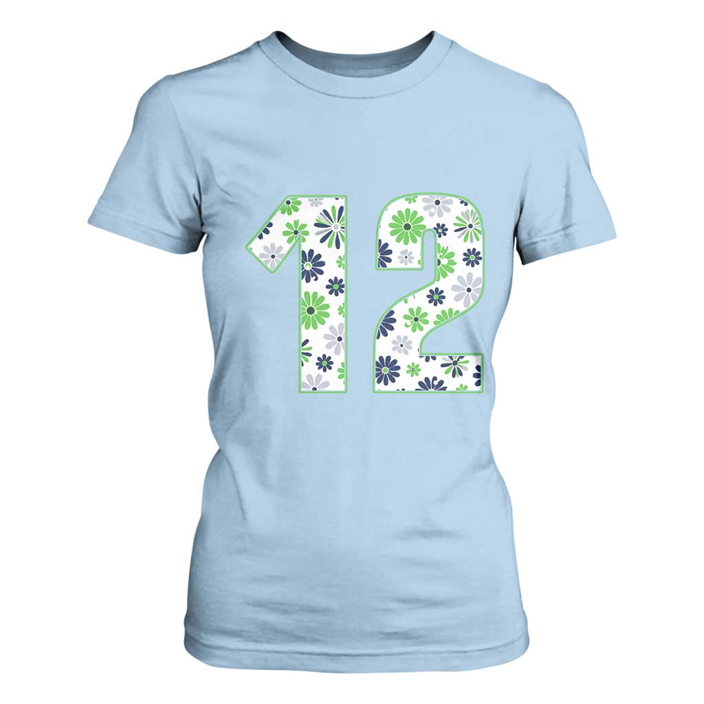 Floral Green Blue Game Day T Shirt For Women Number 12 Sports Fan