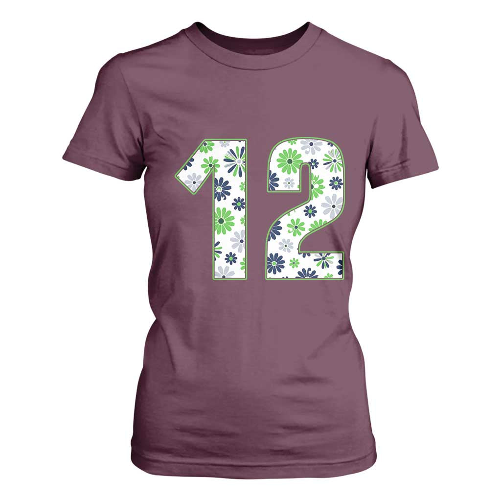 Floral Green Blue Game Day T Shirt For Women Number 12 Sports Fan