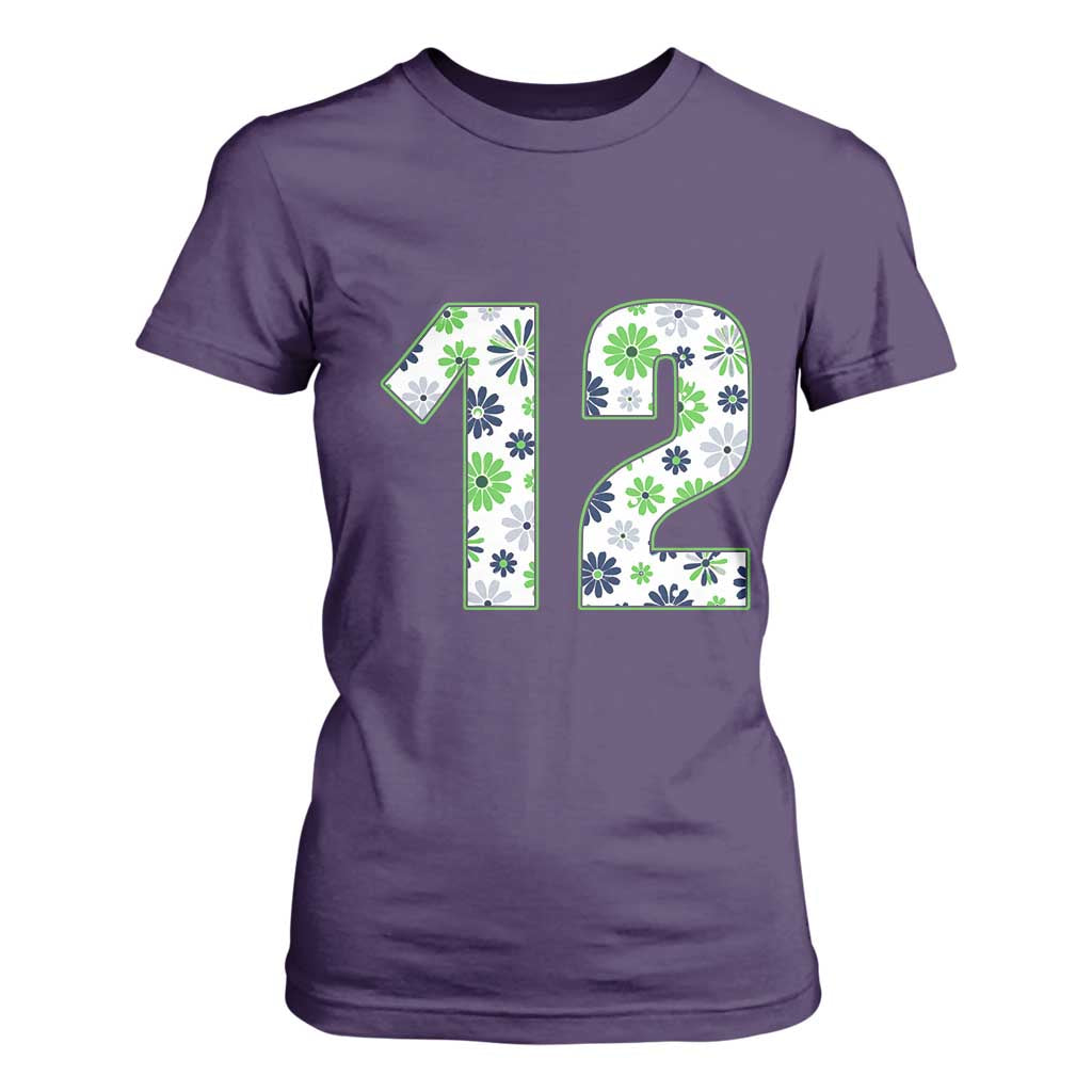 Floral Green Blue Game Day T Shirt For Women Number 12 Sports Fan