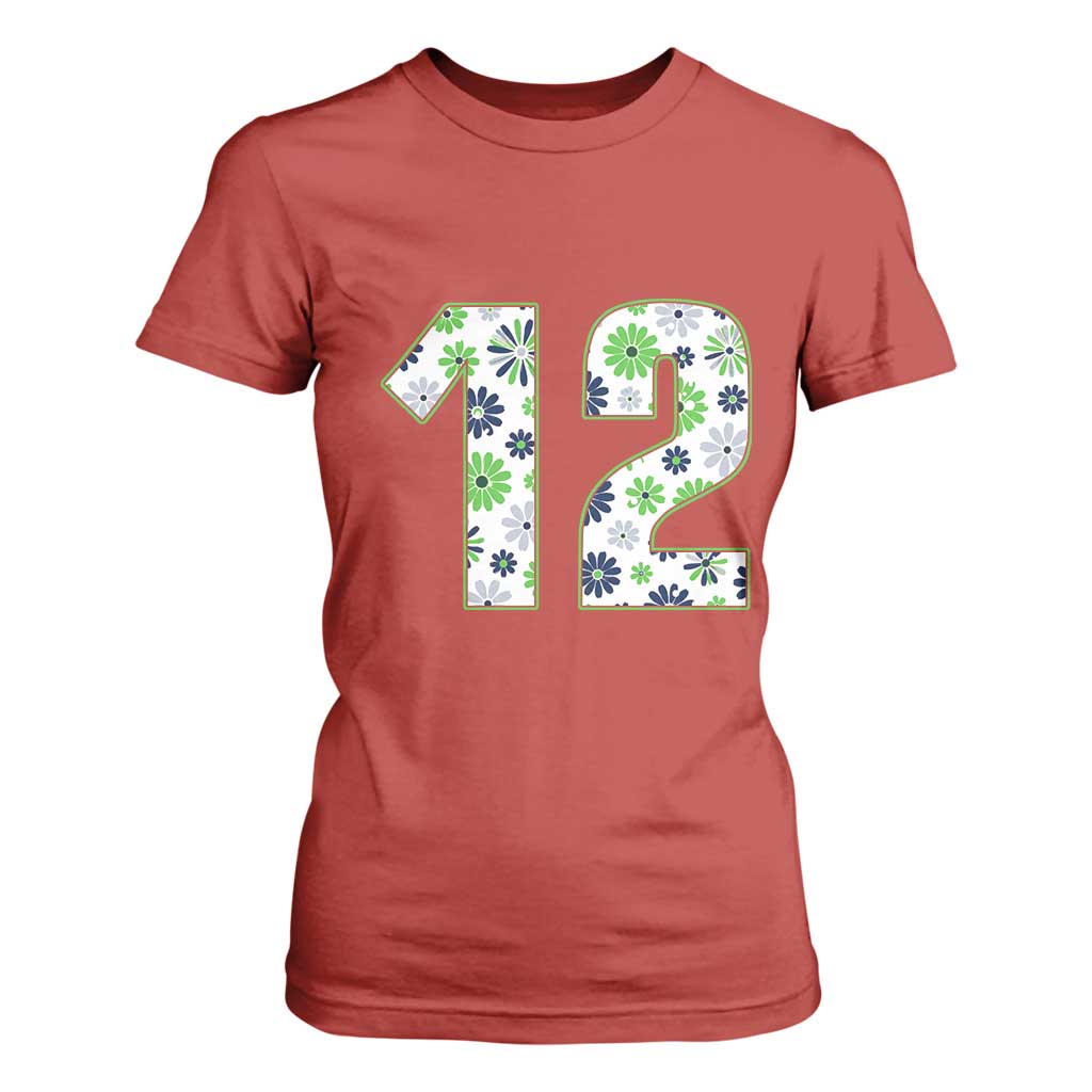 Floral Green Blue Game Day T Shirt For Women Number 12 Sports Fan