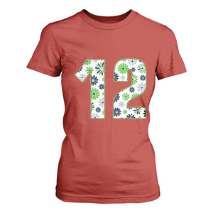 Floral Green Blue Game Day T Shirt For Women Number 12 Sports Fan