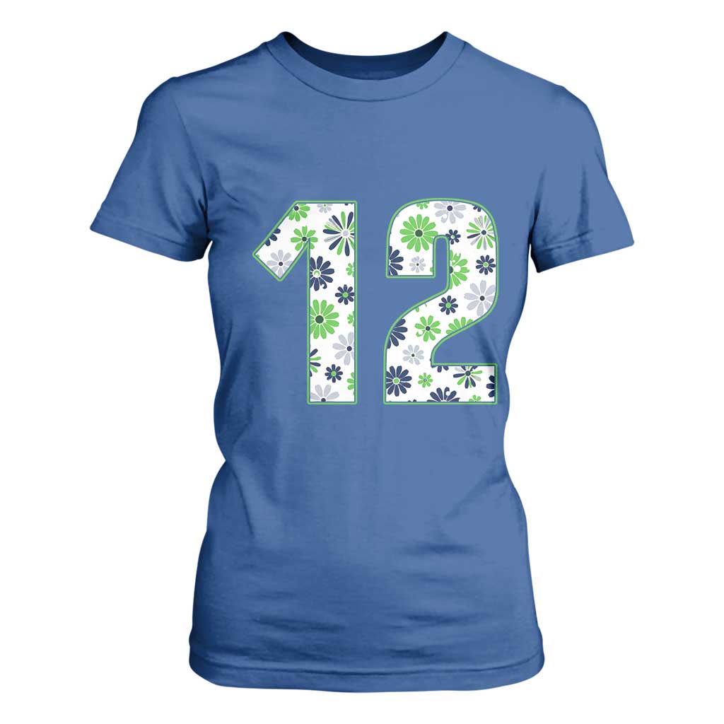 Floral Green Blue Game Day T Shirt For Women Number 12 Sports Fan