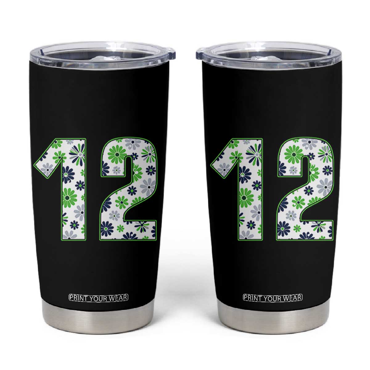 Floral Green Blue Game Day Tumbler Cup Number 12 Sports Fan TS12 Black Print Your Wear
