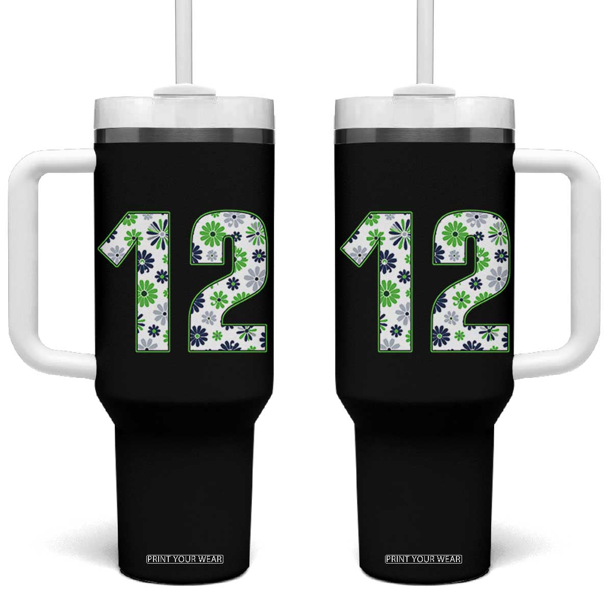 Floral Green Blue Game Day Tumbler With Handle Number 12 Sports Fan TS12 One Size: 40 oz Black Print Your Wear