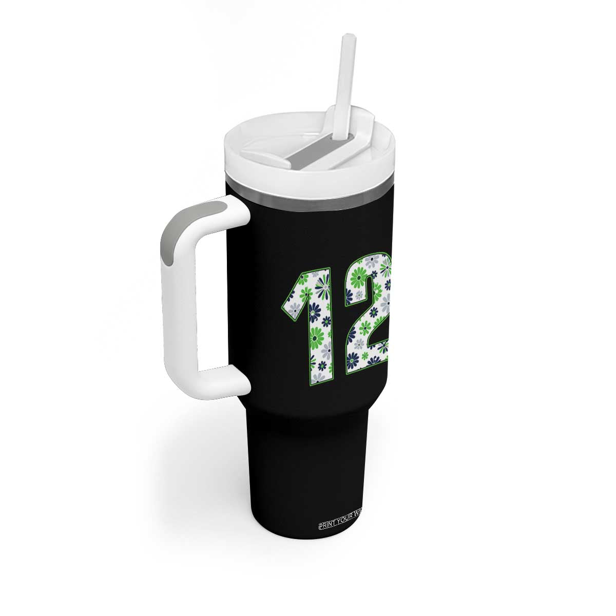 Floral Green Blue Game Day Tumbler With Handle Number 12 Sports Fan