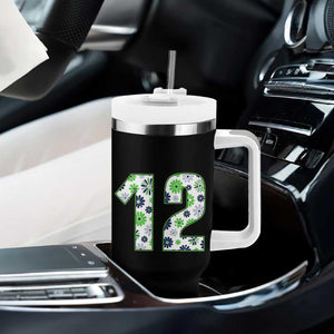Floral Green Blue Game Day Tumbler With Handle Number 12 Sports Fan
