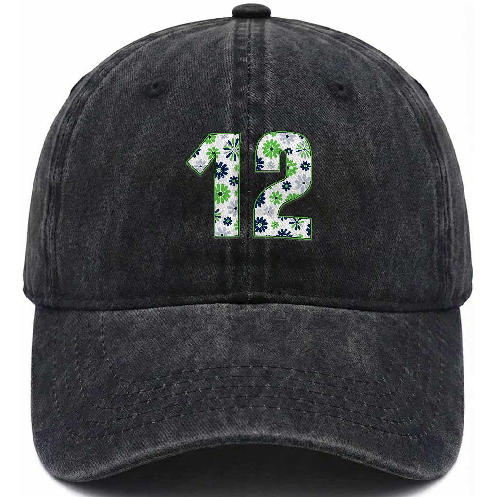 Floral Green Blue Game Day Washed Cotton Baseball Cap Number 12 Sports Fan TS12 Print Your Wear