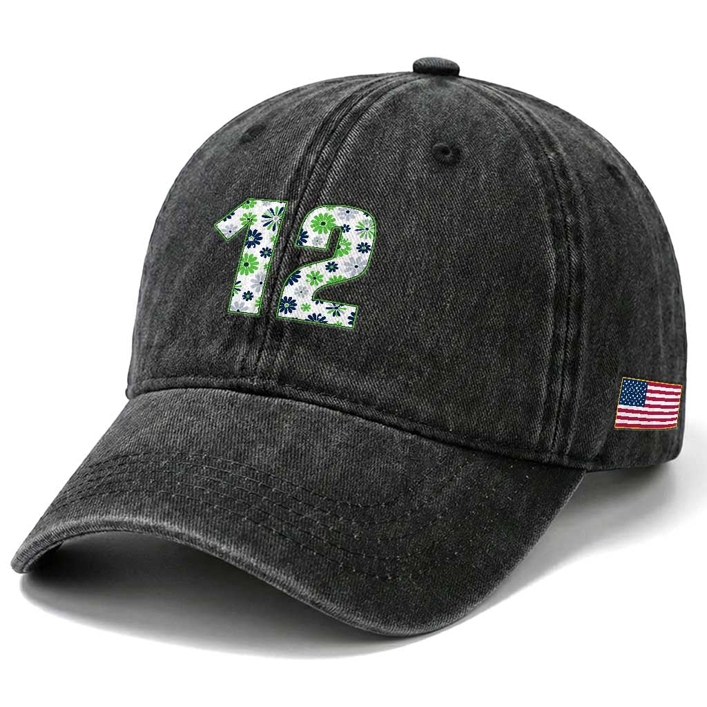 Floral Green Blue Game Day Washed Cotton Baseball Cap Number 12 Sports Fan