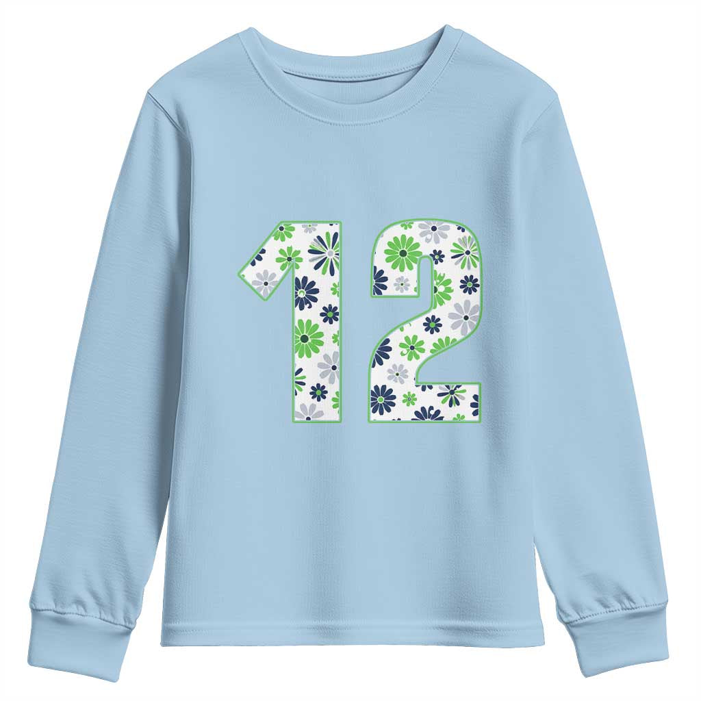 Floral Green Blue Game Day Youth Sweatshirt Number 12 Sports Fan