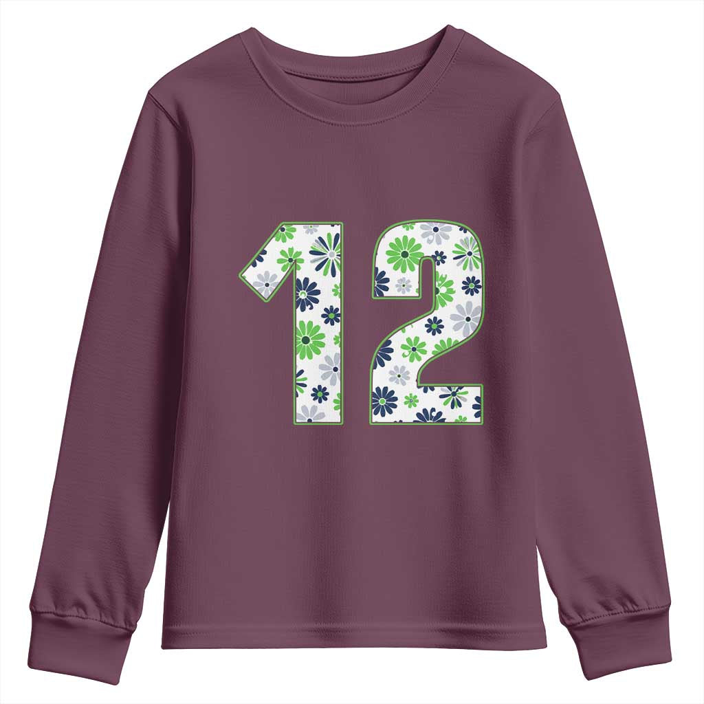 Floral Green Blue Game Day Youth Sweatshirt Number 12 Sports Fan