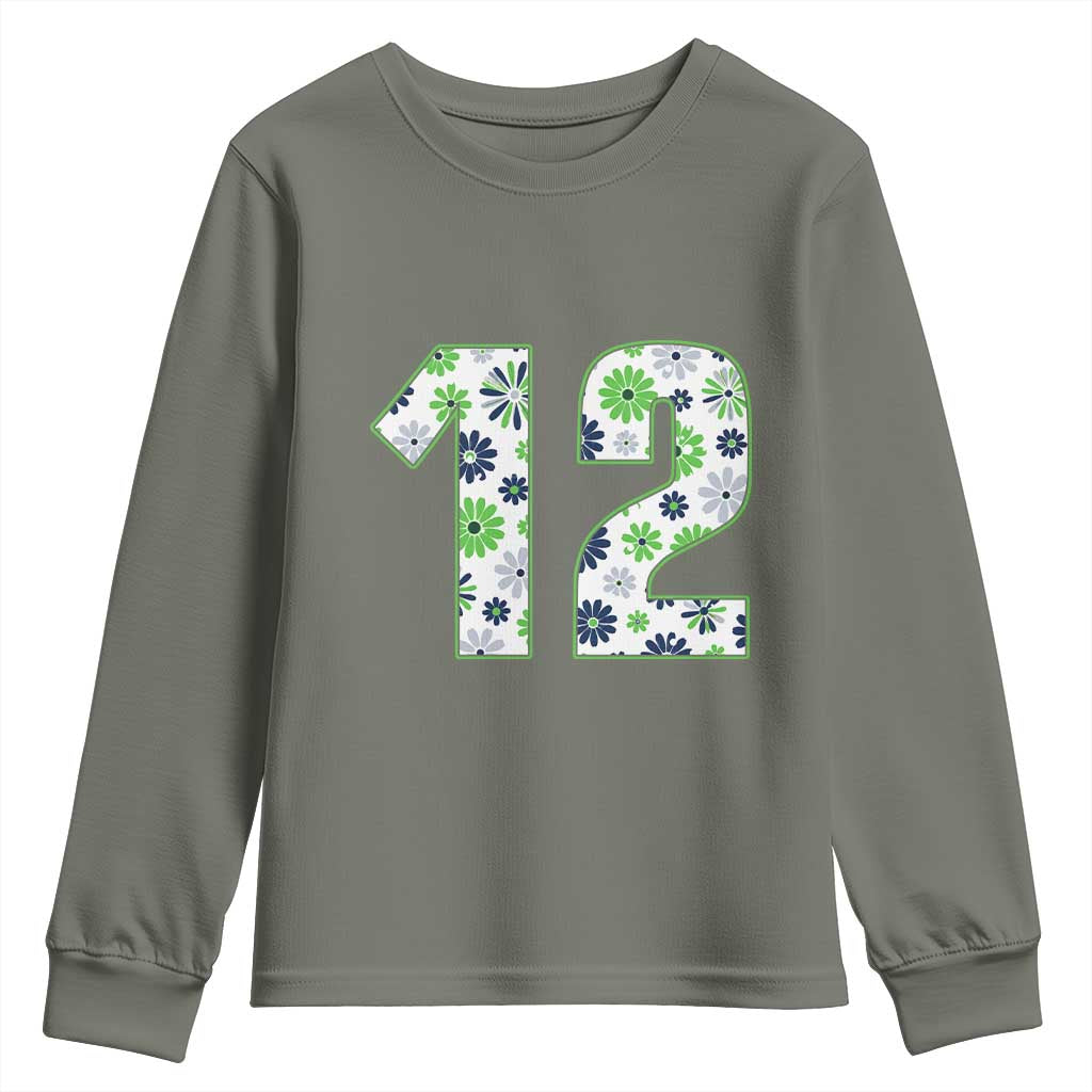 Floral Green Blue Game Day Youth Sweatshirt Number 12 Sports Fan