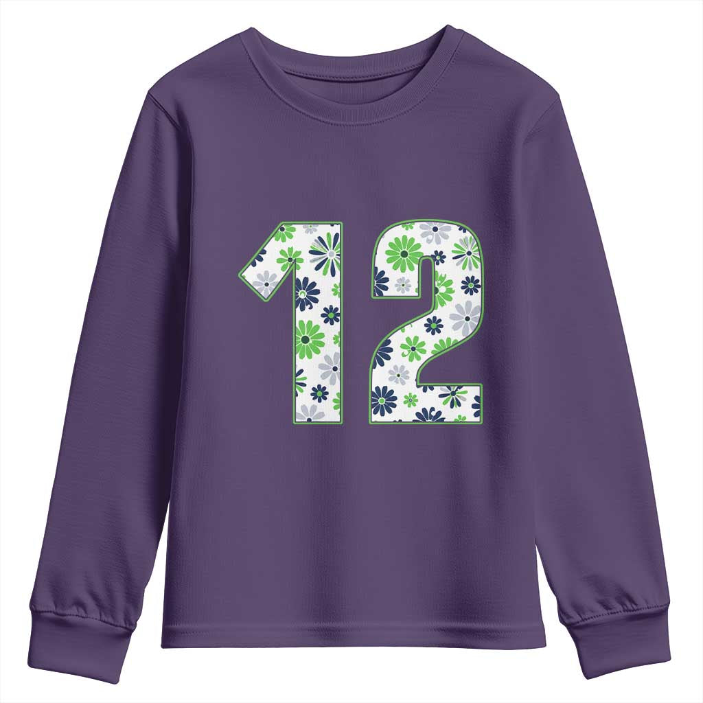 Floral Green Blue Game Day Youth Sweatshirt Number 12 Sports Fan