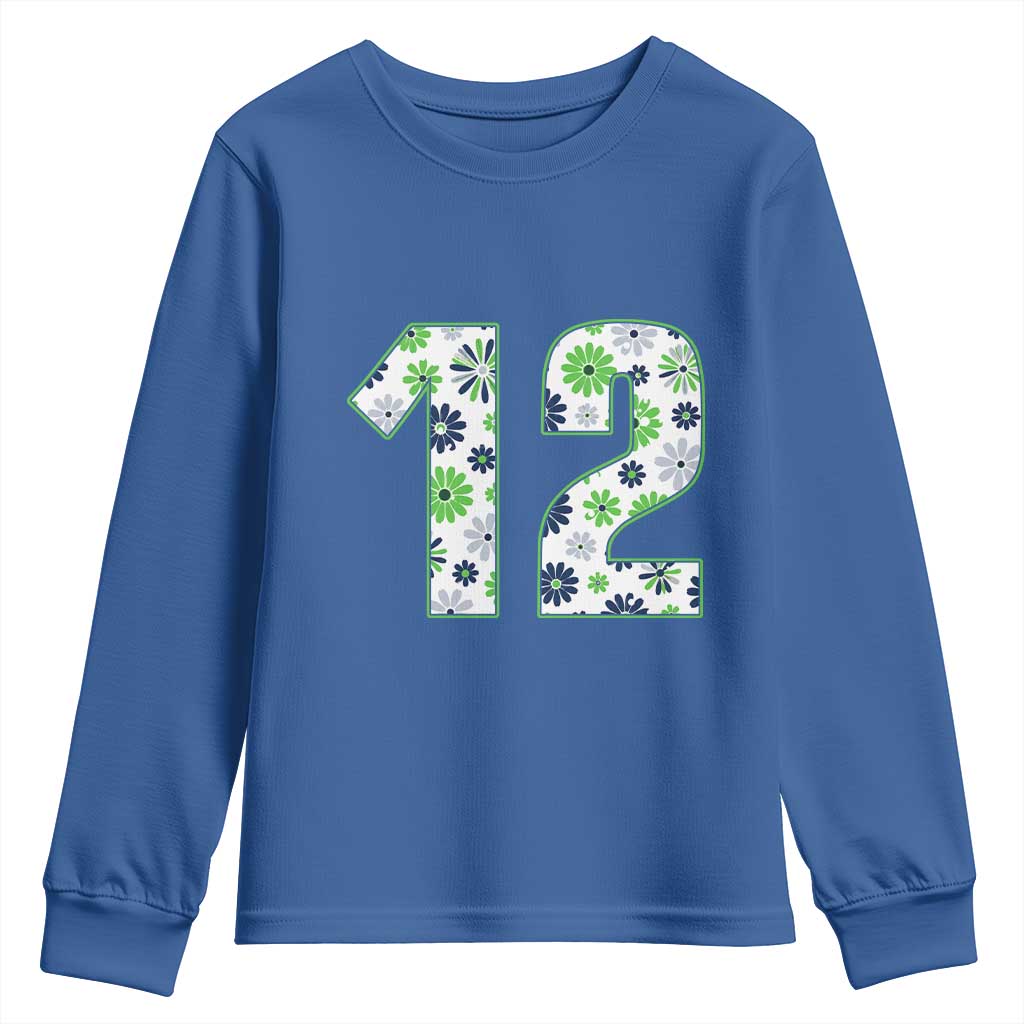 Floral Green Blue Game Day Youth Sweatshirt Number 12 Sports Fan TS12 Royal Blue Print Your Wear