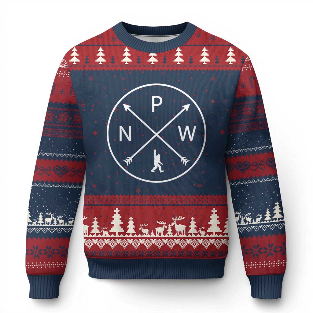 PNW Bigfoot Crossed Arrows Pacific Northwest Pride Ugly Christmas Sweater TS12 Navy Red Print Your Wear