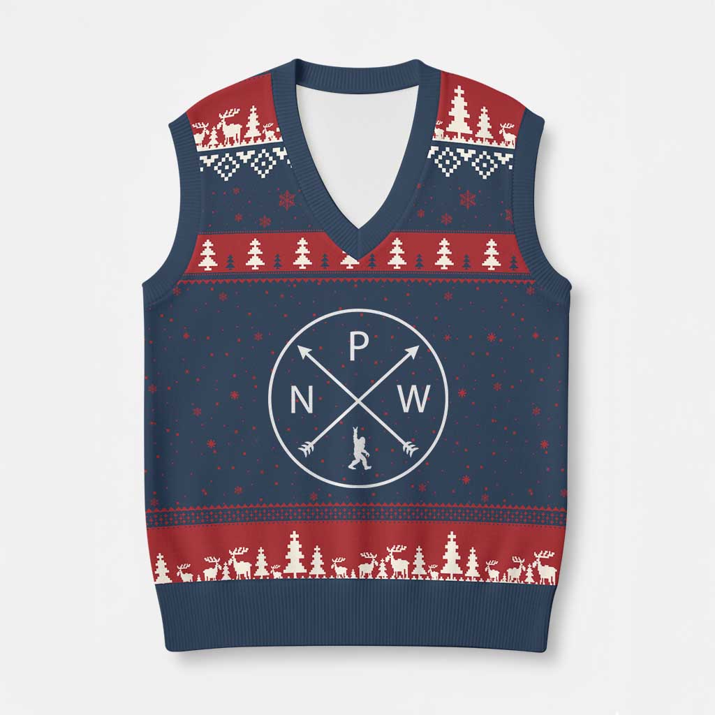 PNW Bigfoot Crossed Arrows Pacific Northwest Pride V-Neck Knit Sweater Vest TS12 Navy Red Print Your Wear