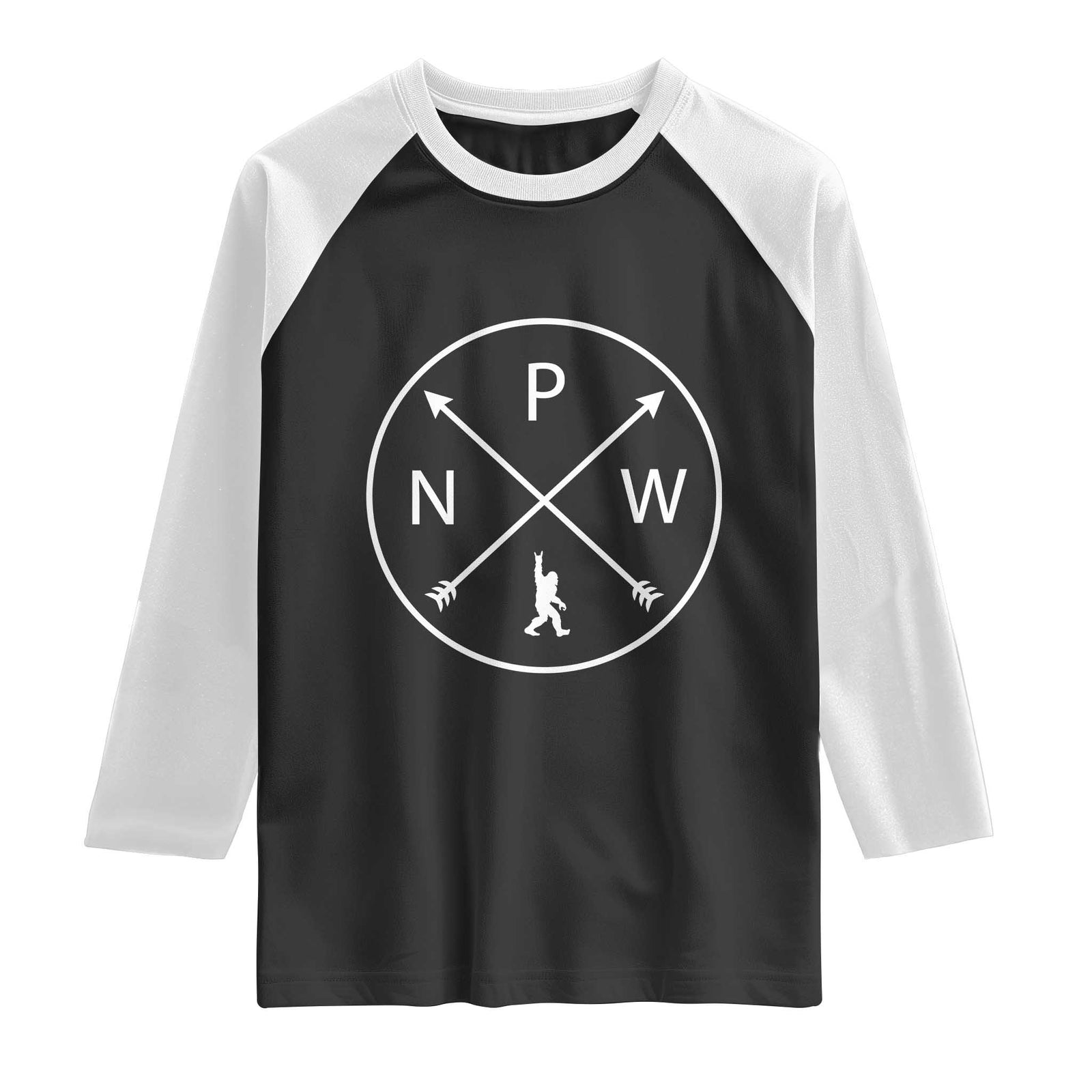 PNW Bigfoot Crossed Arrows Pacific Northwest Pride Raglan Shirt TS12 Black White Print Your Wear