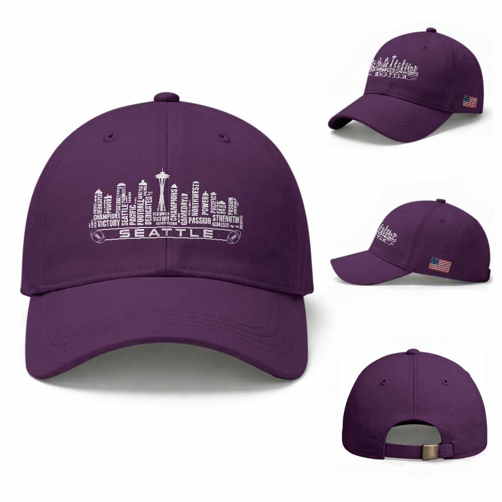 Seattle City Skyline Football Word Cloud Baseball Cap Sports Fan Pride