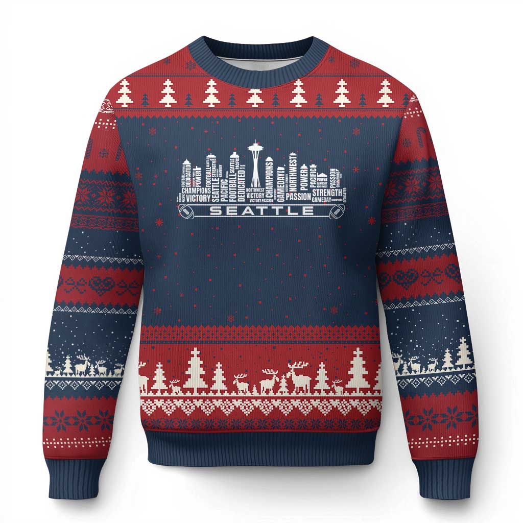 Seattle City Skyline Football Word Cloud Ugly Christmas Sweater Sports Fan Pride TS12 Navy Red Print Your Wear