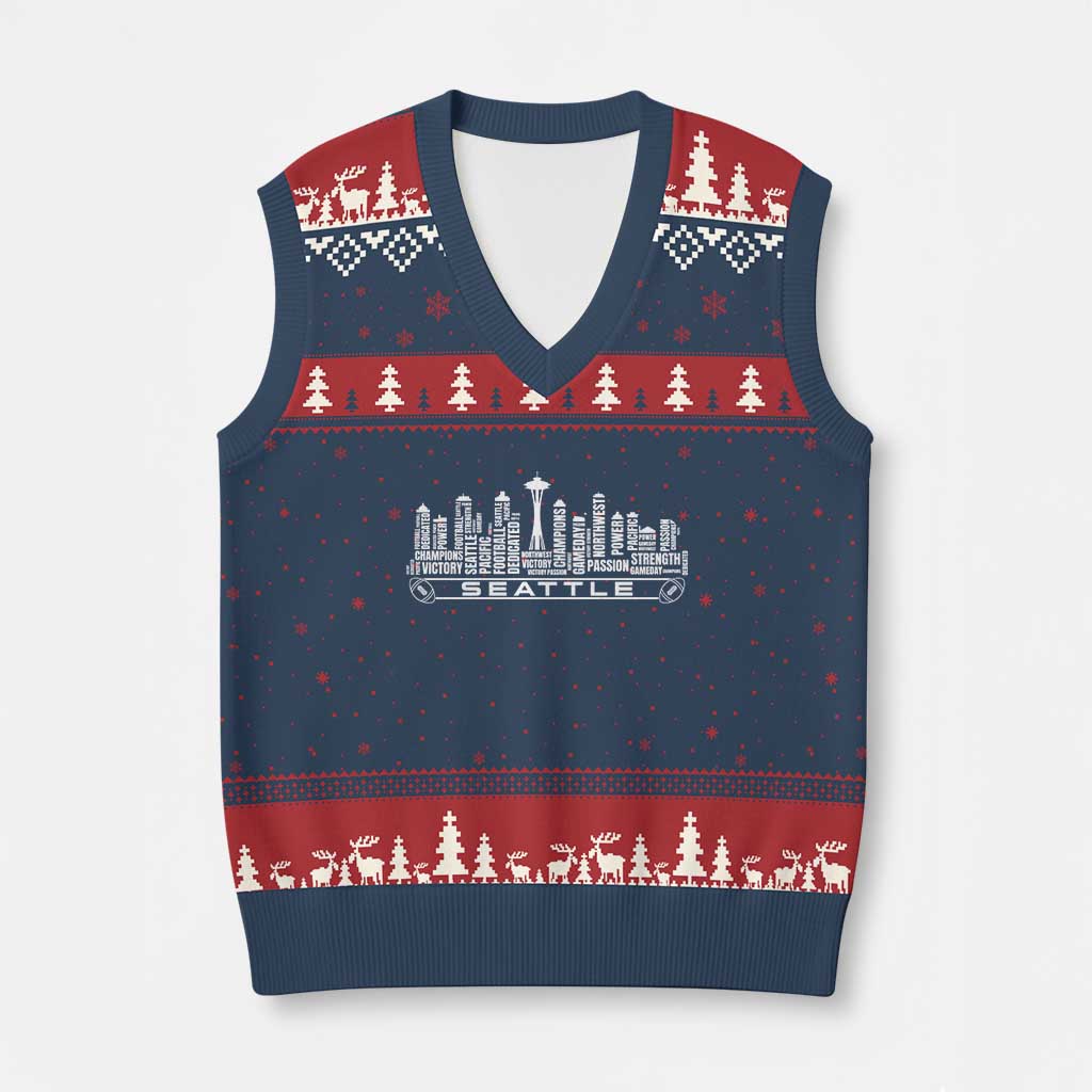 Seattle City Skyline Football Word Cloud V-Neck Knit Sweater Vest Sports Fan Pride TS12 Navy Red Print Your Wear