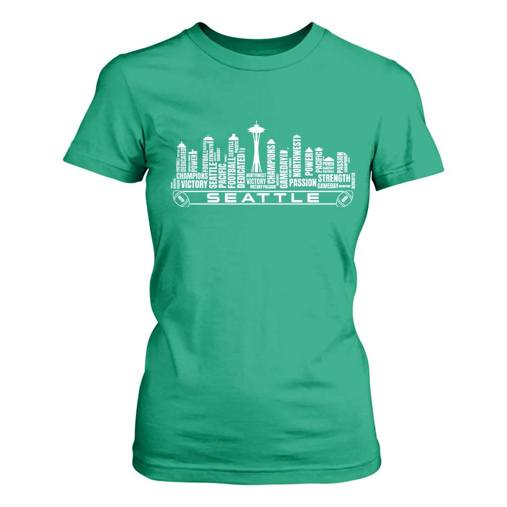 Seattle City Skyline Football Word Cloud T Shirt For Women Sports Fan Pride