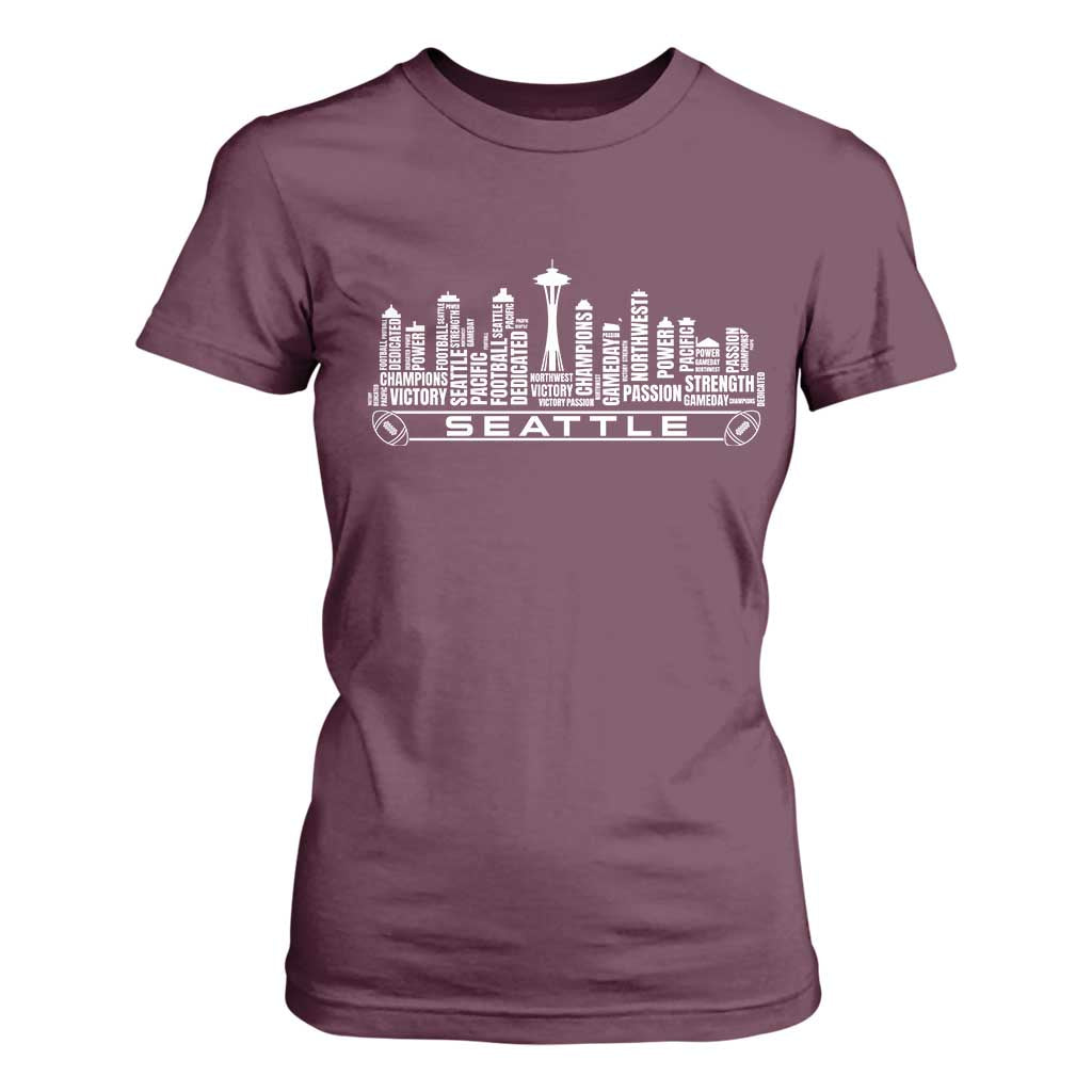 Seattle City Skyline Football Word Cloud T Shirt For Women Sports Fan Pride