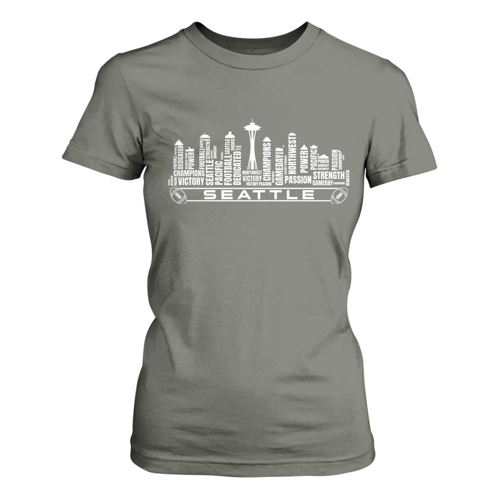Seattle City Skyline Football Word Cloud T Shirt For Women Sports Fan Pride