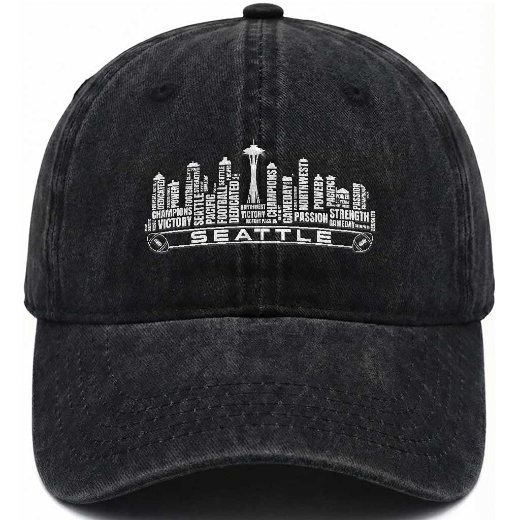 Seattle City Skyline Football Word Cloud Washed Cotton Baseball Cap Sports Fan Pride TS12 Print Your Wear