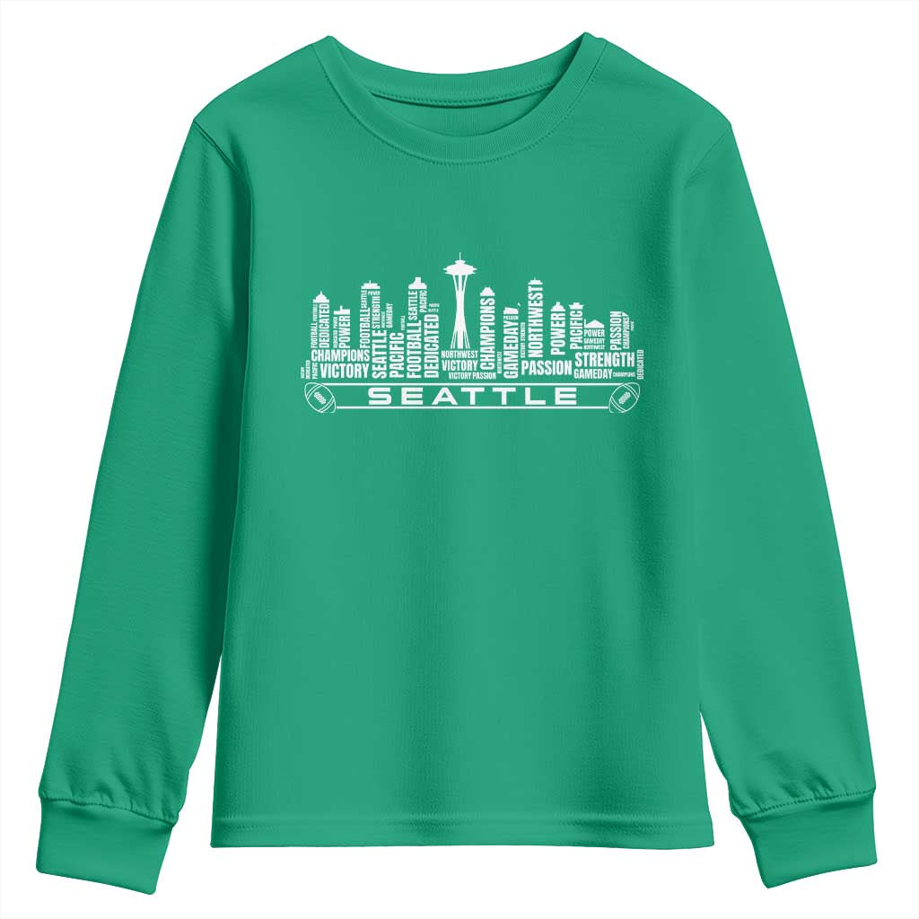 Seattle City Skyline Football Word Cloud Youth Sweatshirt Sports Fan Pride
