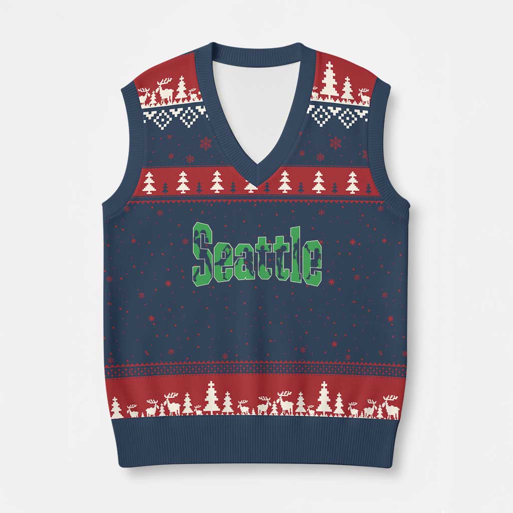 Seattle Sports Player Silhouette V-Neck Knit Sweater Vest Gift For Football Lovers TS12 Navy Red Print Your Wear