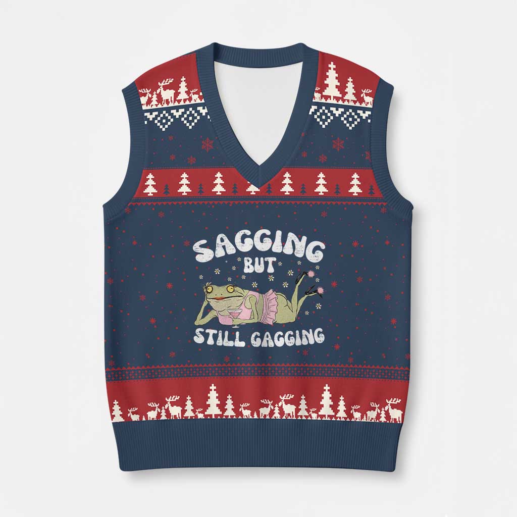Funny Sagging But Still Gagging V-Neck Knit Sweater Vest Sarcastic Frog Humor TS12 Navy Red Print Your Wear