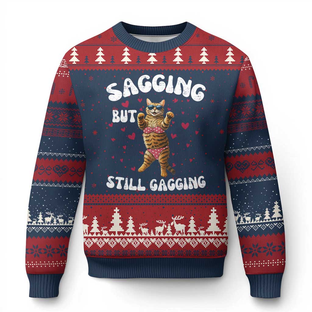 Funny Cat Sexy Ugly Christmas Sweater Sagging But Still Gagging Gift TS12 Navy Red Print Your Wear