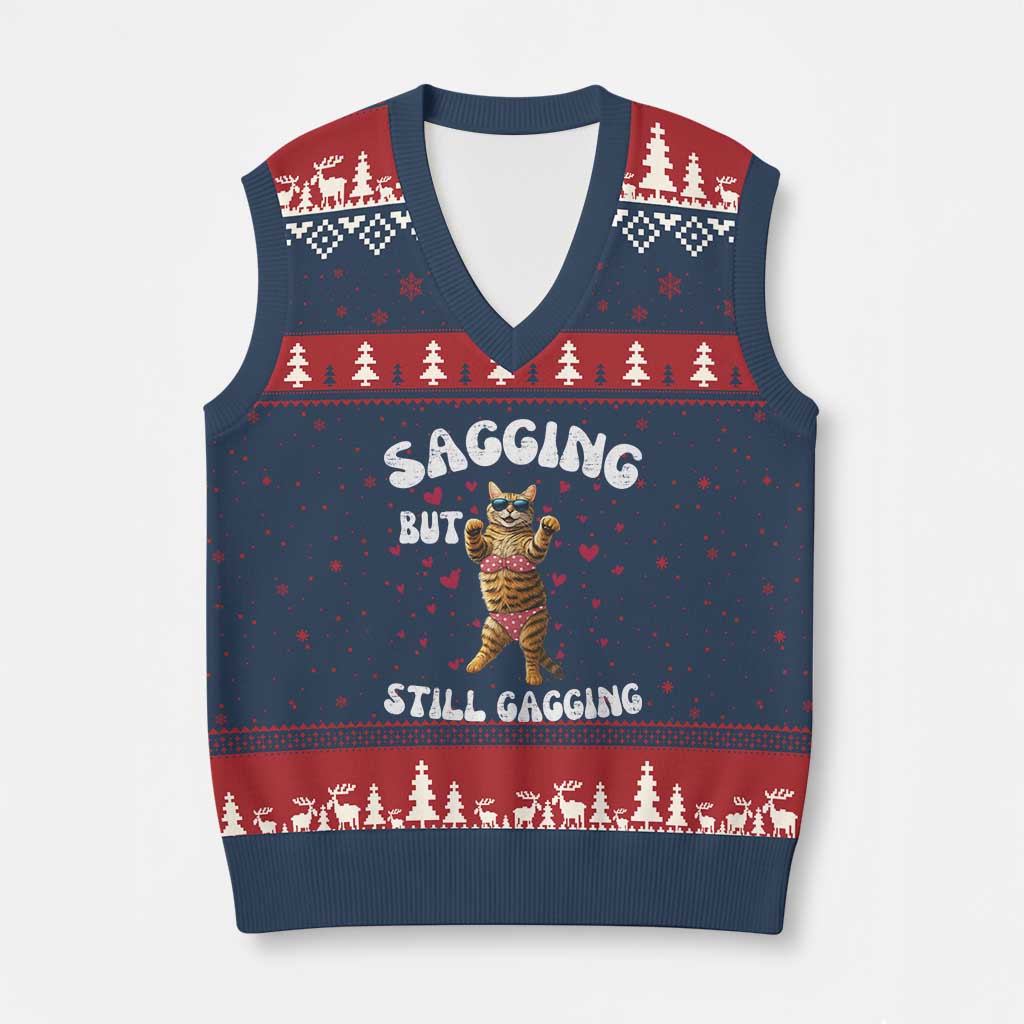 Funny Cat Sexy V-Neck Knit Sweater Vest Sagging But Still Gagging Gift TS12 Navy Red Print Your Wear