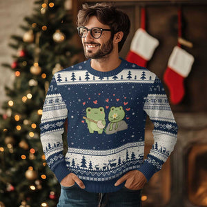 Cute Frog Lover Gift Ugly Christmas Sweater Romantic Frog Music TS12 Navy Beige Print Your Wear