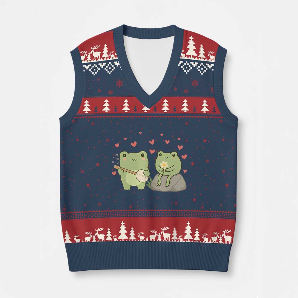Cute Frog Lover Gift V-Neck Knit Sweater Vest Romantic Frog Music TS12 Navy Red Print Your Wear