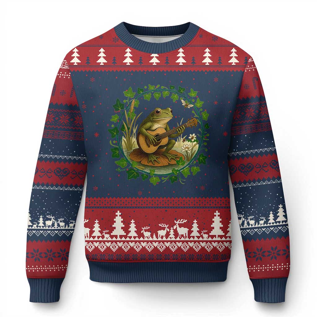 Funny Frog Playing Guitar Ugly Christmas Sweater Music Lovers Gift TS12 Navy Red Print Your Wear