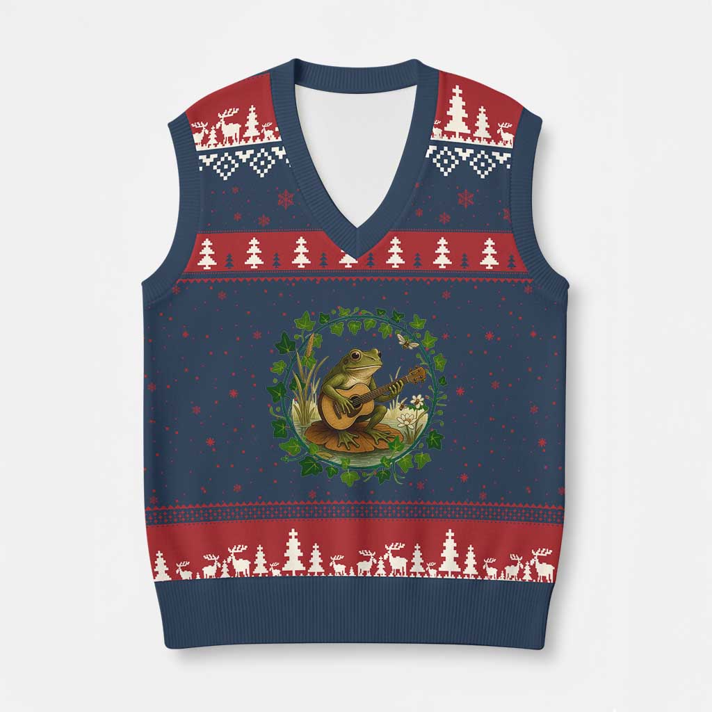 Funny Frog Playing Guitar V-Neck Knit Sweater Vest Music Lovers Gift TS12 Navy Red Print Your Wear