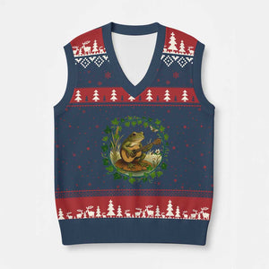 Funny Frog Playing Guitar V-Neck Knit Sweater Vest Music Lovers Gift TS12 Navy Red Print Your Wear