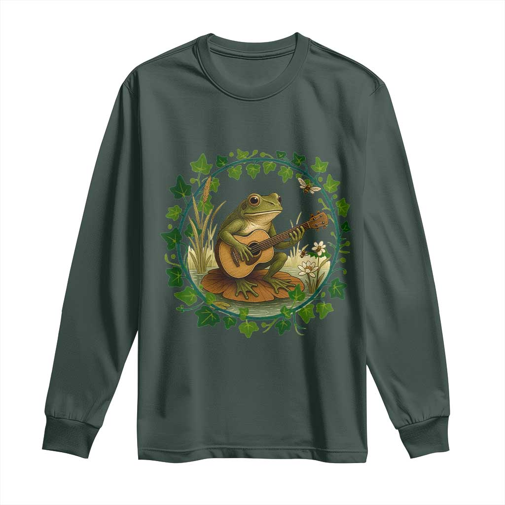 Funny Frog Playing Guitar Long Sleeve Shirt Music Lovers Gift TS12 Dark Forest Green Print Your Wear