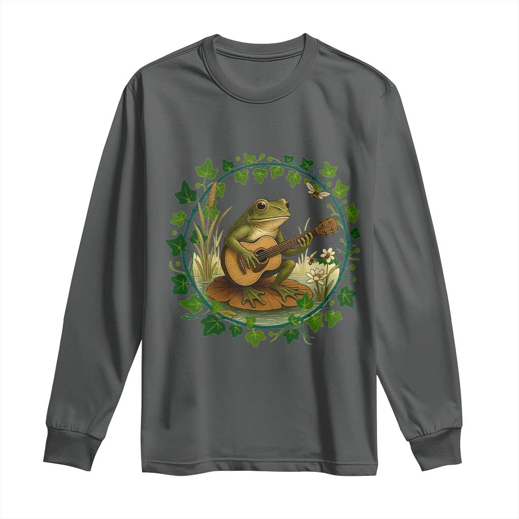 Funny Frog Playing Guitar Long Sleeve Shirt Music Lovers Gift TS12 Dark Heather Print Your Wear