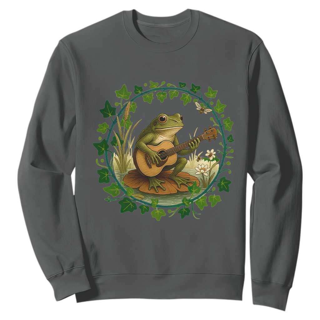 Funny Frog Playing Guitar Sweatshirt Music Lovers Gift TS12 Dark Heather Print Your Wear